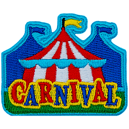 A red and white carnival tent is in the midground, with two blue ones in the background. The word Carnival is in the foreground.