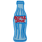 A blue bottle meant to resemble a glass bottle with the words Bottle Drive in red as the label.