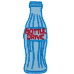 A blue bottle meant to resemble a glass bottle with the words Bottle Drive in red as the label.