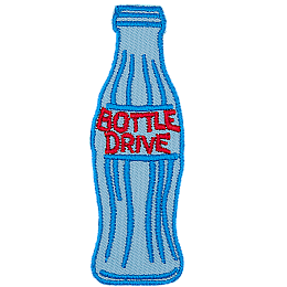 A blue bottle meant to resemble a glass bottle with the words Bottle Drive in red as the label.