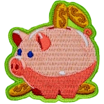 A pink piggy bank is being filled with gold coins. Two more lay at its feet.