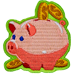 A pink piggy bank is being filled with gold coins. Two more lay at its feet.