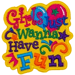 The words Girls Just Wanna Have Fun in different fonts and colours.