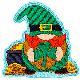 A gnome leprechaun holds a shamrock and stands in front of a pot of gold.