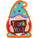 Cartoon gnome wearing a polka dot hat holding a brown sign with coloured letters that read Thank You!