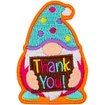 Cartoon gnome wearing a polka dot hat holding a brown sign with coloured letters that read Thank You!