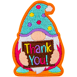 Cartoon gnome wearing a polka dot hat holding a brown sign with coloured letters that read Thank You!