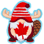 This antlered beaver-tailed gnome is wearing a red shirt and shoes and holding a red maple leaf.