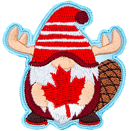 This antlered beaver-tailed gnome is wearing a red shirt and shoes and holding a red maple leaf.