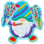 A gnome with a purple, yellow and blue striped hat holds two confetti cones.