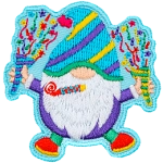A gnome with a purple, yellow and blue striped hat holds two confetti cones.