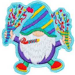 A gnome with a purple, yellow and blue striped hat holds two confetti cones.