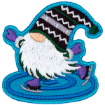 A gnome with a purple hat is skating on the ice.