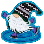 A gnome with a purple hat is skating on the ice.
