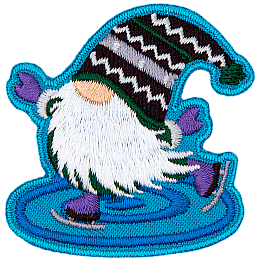 A gnome with a purple hat is skating on the ice.