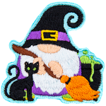 A gnome dressed as a witch holds a broom next to a black cat and a bubbling cauldron.