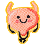 This kawaii bladder is crossing its legs and surrounded by a light yellow border.