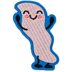 This kawaii appendix is raising its hands in the air. Its border is blue.