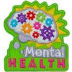 A brain is filled with multi-coloured gears. The words Mental Health are underneath it.