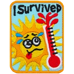 A worried sun watches an exploding thermometer. The words I Survived are stitched at the top.