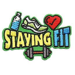 The words Staying Fit are surrounded by a sneaker, water bottle and dumbbell