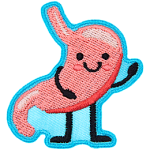 A stomach with a kawaii face gives a friendly wave.