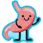 A stomach with a kawaii face gives a friendly wave.