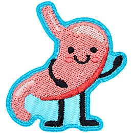 A stomach with a kawaii face gives a friendly wave.