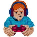 A red-haired person holding a controller, wearing a headset.