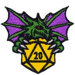 A green dragon clutches a golden 20-sided dice in its front claws. The dragon has its wings spread out behind it.