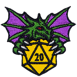A green dragon clutches a golden 20-sided dice in its front claws. The dragon has its wings spread out behind it.