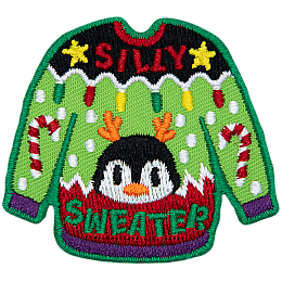 A brightly coloured sweater with the words Silly Sweater on it.