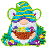 This bunny-ear-wearing gnome holds a basket full of painted eggs to show that he is ready for Easter.