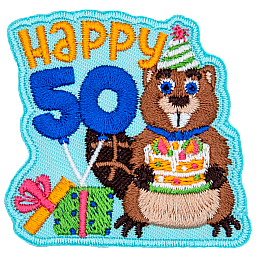 A beaver holding a birthday cake under the words Happy Beaver.