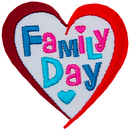 This two-toned heart-shaped patch has the words 'Family Day' embroidered in blues and pinks.