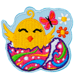 A baby chick pops out of a colourfully dyed Easter egg as a butterfly, and two flowers fill the background.