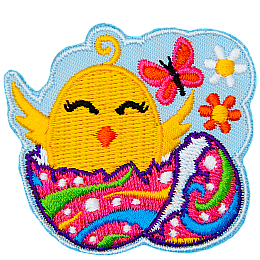 A baby chick pops out of a colourfully dyed Easter egg as a butterfly, and two flowers fill the background.