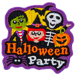 The words Halloween Party are underneath three trick-or-treaters: a zombie, a witch and a skeleton.