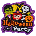 The words Halloween Party are underneath three trick-or-treaters: a zombie, a witch and a skeleton.