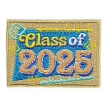 The words Class of 2025 on a blue and brown background with swirls.