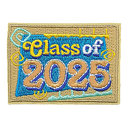 The words Class of 2025 on a blue and brown background with swirls.