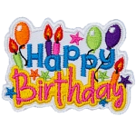 The words Happy Birthday are surrounded by candles and balloons.