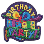 A colourful birthday present with the words Birthday Party!