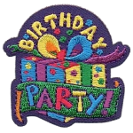 A colourful birthday present with the words Birthday Party!