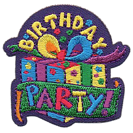 A colourful birthday present with the words Birthday Party!