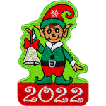 An elf dressed in green holds a silver bell. The year number 2022 is stitched below.