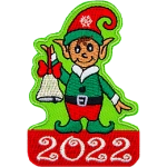 An elf dressed in green holds a silver bell. The year number 2022 is stitched below.