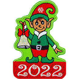 An elf dressed in green holds a silver bell. The year number 2022 is stitched below.