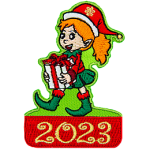 A happy elf with a wide smile and a ponytail of red hair carries a white present with a red ribbon. The date 2023 is below them.