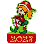 A happy elf with a wide smile and a ponytail of red hair carries a white present with a red ribbon. The date 2023 is below them.